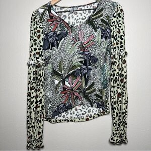 Blank London Women Top XS Multi Color Elephant‎ Leopard Mixed Print Long Sleeve